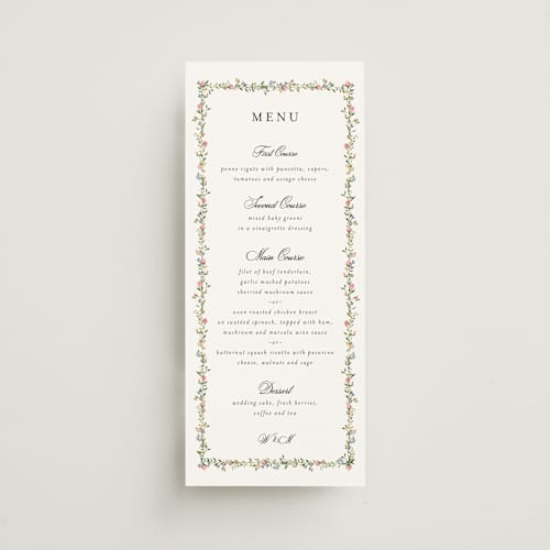 This is a blush menu cards with standard by Susan Moyal called monogramed printing on signature in 4x9