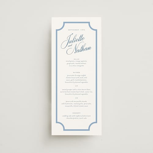 This is a bluebell menu cards with standard by Jessica Williams called marenza printing on signature in 4x9