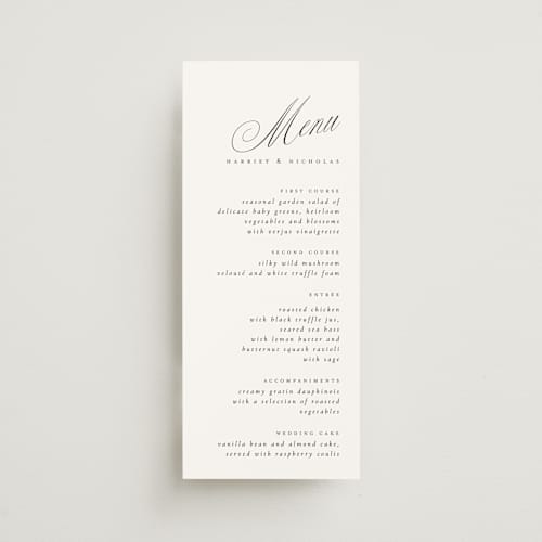 This is a noir slate menu cards with standard by Ana de Sousa called written with love printing on signature in 4x9