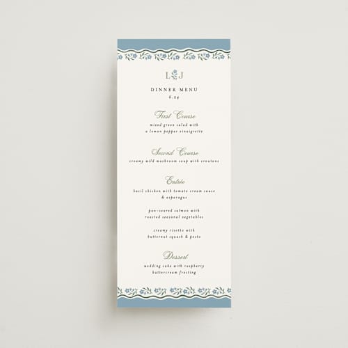 This is a periwinkle menu cards with standard by Alethea and Ruth called sweet vintage printing on signature in 4x9