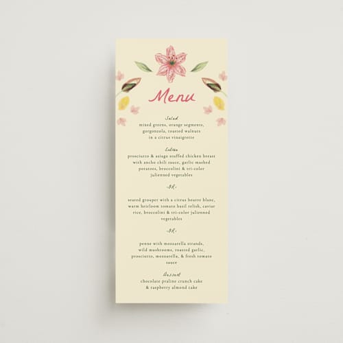 This is a blush menu cards with standard by Emily Miranda called romantic tropical wedding printing on signature in 4x9