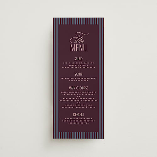 This is a plum menu cards with standard by Owl and Toad called sophisticate printing on signature in 4x9