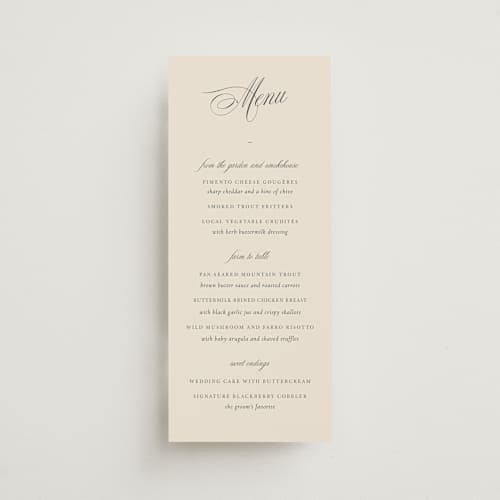 This is a champagne menu cards with standard by Sara Hicks Malone called belle meade printing on signature in 4x9