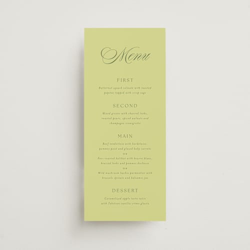 This is a chartreuse menu cards with standard by Everett Paper Goods called carlyle printing on signature in 4x9