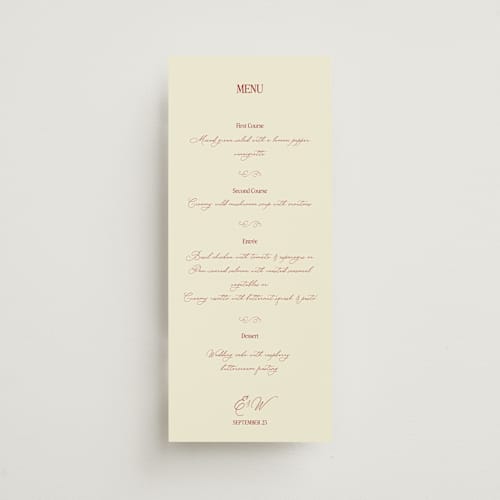 This is a burgundy menu cards with standard by Helena Vitto called elizabeth printing on signature in 4x9