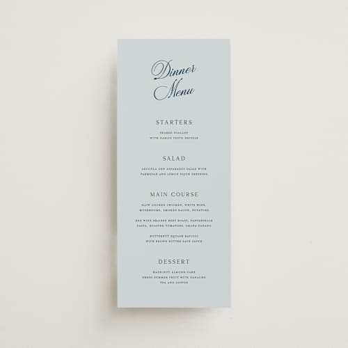 This is a sky menu cards with standard by Kelly Schmidt called landscape script printing on signature in 4x9