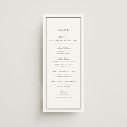This is a burgundy menu cards with standard by Stacey Meacham called engraved names printing on signature in 4x9
