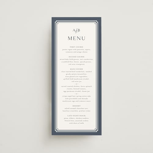 This is a french blue menu cards with standard by Jennifer Postorino called ariah printing on signature in 4x9