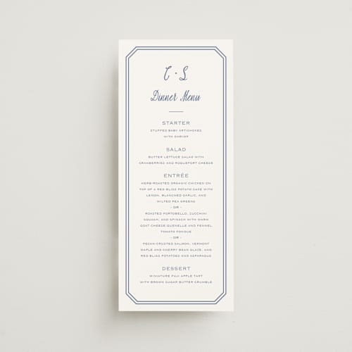 This is a blueberry menu cards with standard by Carolyn MacLaren called deluxe printing on signature in 4x9