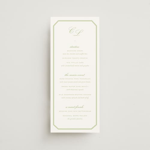 This is a mint menu cards with standard by Sara Hicks Malone called montgomery printing on signature in 4x9
