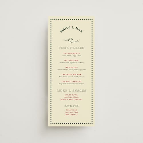 This is a pizzeria menu cards with standard by Ani Somi called trattoria printing on signature in 4x9
