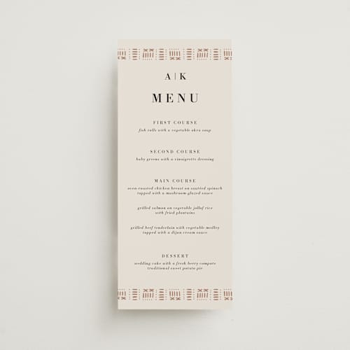 This is a ivory menu cards with standard by Oma N. Ramkhelawan called amari printing on signature in 4x9