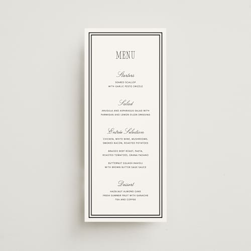 This is a silk menu cards with standard by Kelly Schmidt called formal minimalist printing on signature in 4x9