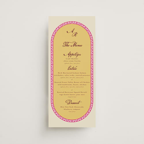 This is a ivory menu cards with standard by Sherley Ferreira called mughal gardens printing on signature in 4x9