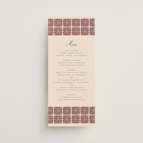 This is a terracotta menu cards with standard by Katharine Watson called block print tile printing on signature in 4x9
