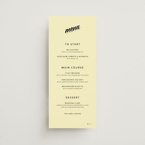 This is a butter menu cards with standard by Studio Suku called courthouse printing on signature in 4x9