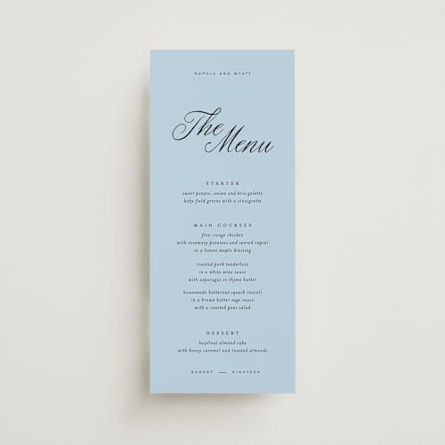 This is a sky menu cards with standard by Blustery August called tarte tatin printing on signature in 4x9