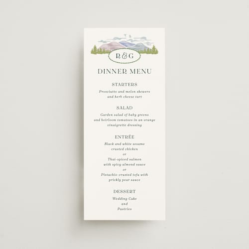 This is a pine menu cards with standard by Paper Sun Studio called river valley printing on signature in 4x9