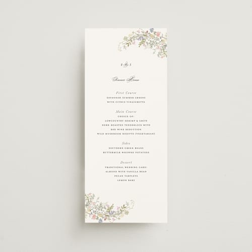 This is a sage menu cards with standard by Lori Wemple called flowering arch printing on signature in 4x9