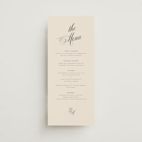 This is a almond menu cards with standard by Eric Clegg called modern romance printing on signature in 4x9