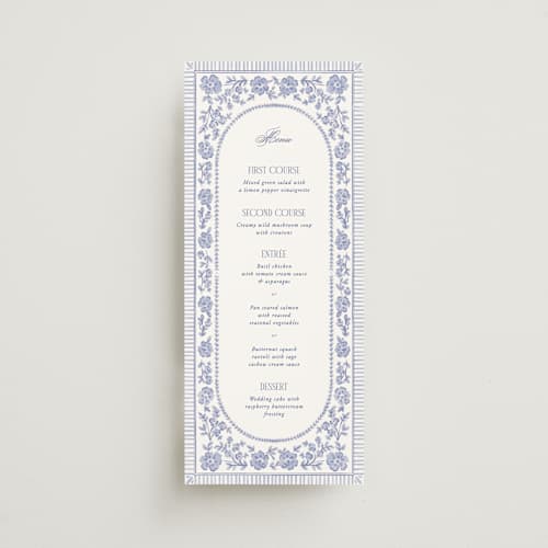 This is a cerulean menu cards with standard by Jenna Holcomb called embroidered printing on signature in 4x9