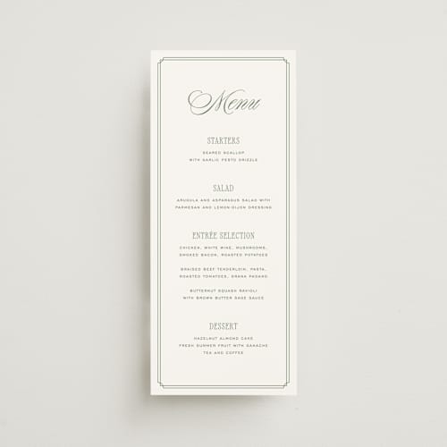 This is a moss menu cards with standard by Kelly Schmidt called woods printing on signature in 4x9