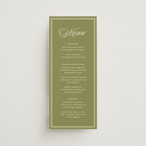 This is a olive menu cards with standard by Ellen Schlegelmilch called museo printing on signature in 4x9