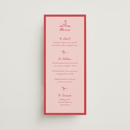 This is a brick menu cards with standard by Julia Liverton called love in bloom printing on signature in 4x9