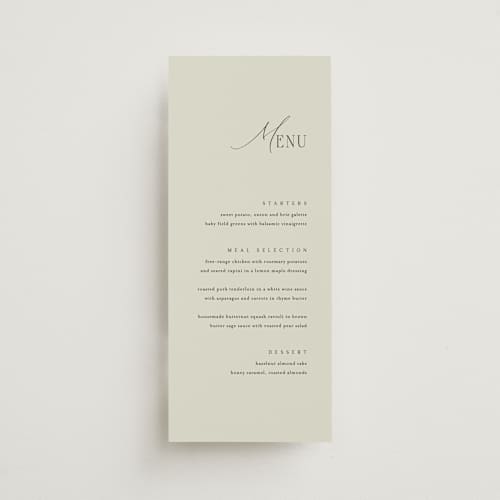 This is a spring menu cards with standard by Kelly Schmidt called scripted initials printing on signature in 4x9