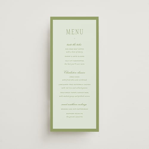 This is a forest menu cards with standard by Sara Hicks Malone called dewberry printing on signature in 4x9