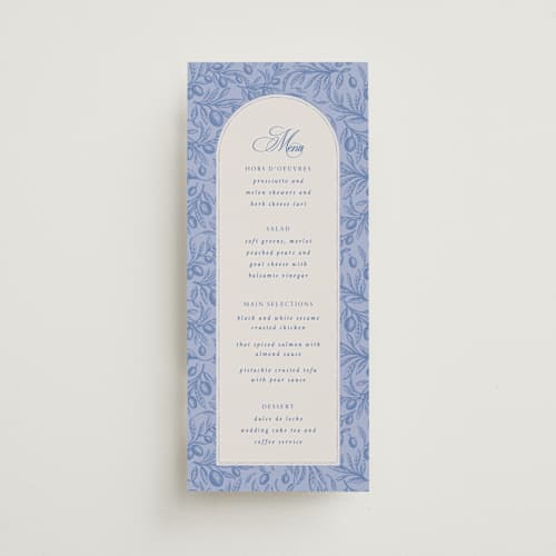 This is a blue mist menu cards with standard by Design Lotus called amalfi blue printing on signature in 4x9