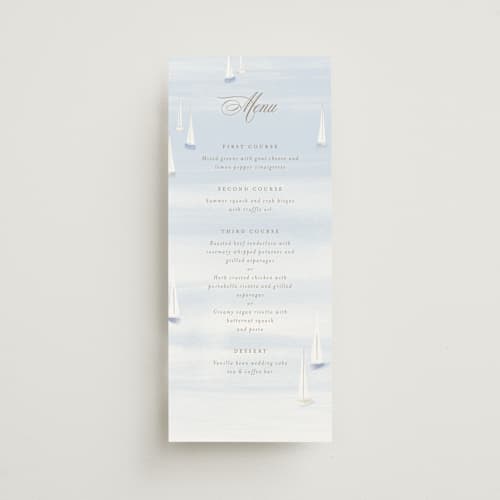 This is a aqua menu cards with standard by Jennifer Wick called bristol printing on signature in 4x9