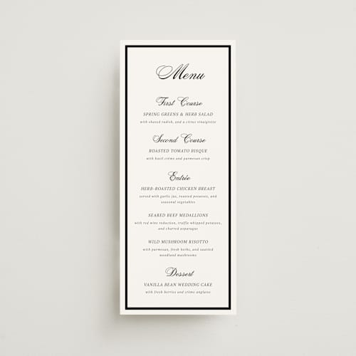 This is a mystic raven menu cards with standard by Cass Loh called chic union printing on signature in 4x9