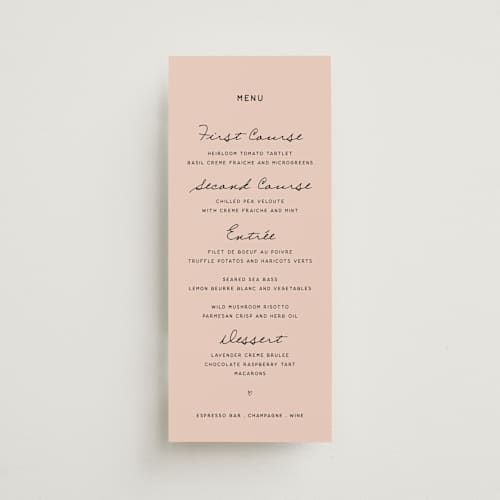 This is a blush menu cards with standard by Ani Somi called ballpoint suite printing on signature in 4x9