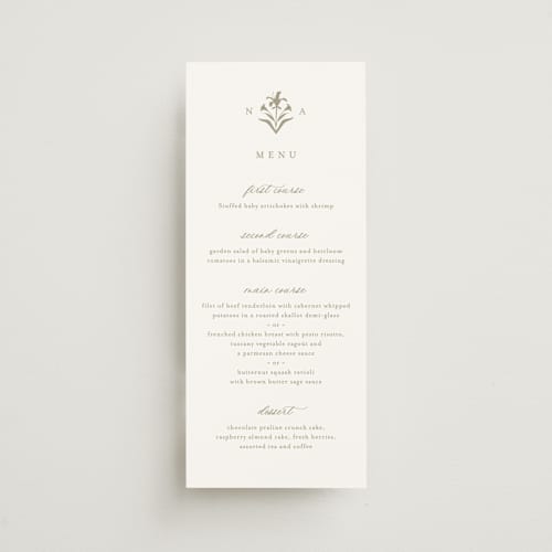 This is a paris rain menu cards with standard by Jennifer Postorino called calia printing on signature in 4x9