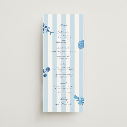 This is a cerulean menu cards with standard by Tamara Hilje called positano printing on signature in 4x9