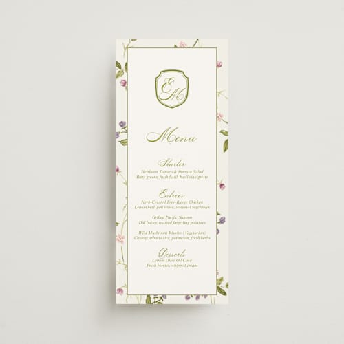 This is a cream menu cards with standard by Nicole Dragomir called wild berry watercolor printing on signature in 4x9