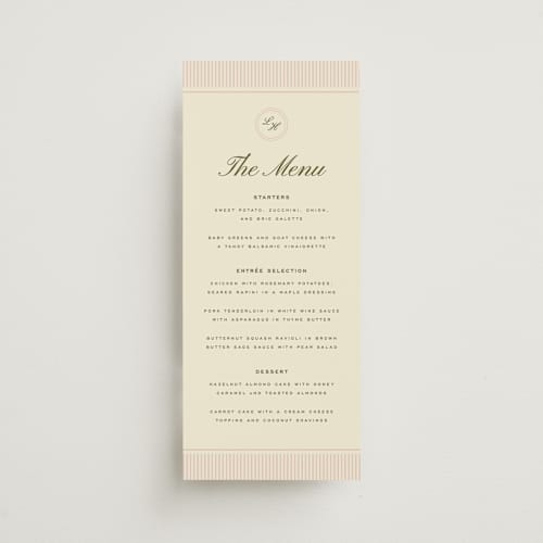 This is a blush menu cards with standard by Ellen Schlegelmilch called hayden printing on signature in 4x9