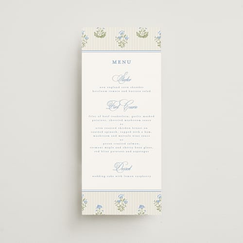 This is a powder menu cards with standard by Creo Study called patterned florals printing on signature in 4x9