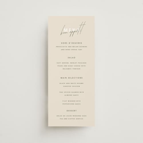 This is a olive you more menu cards with standard by Design Lotus called true north printing on signature in 4x9