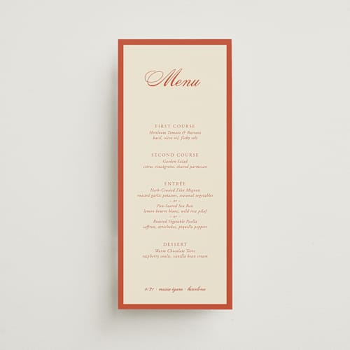 This is a cherry menu cards with standard by Ani Somi called borders printing on signature in 4x9