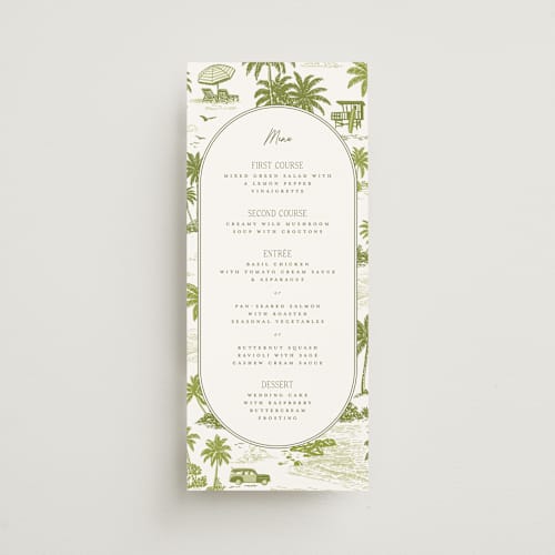 This is a palm menu cards with standard by Jenna Holcomb called west coast toile printing on signature in 4x9