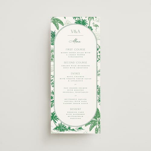 This is a jade menu cards with standard by Jenna Holcomb called tropical toile printing on signature in 4x9