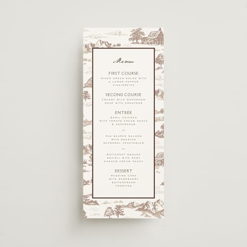 This is a leather menu cards with standard by Jenna Holcomb called mountain ranch toile printing on signature in 4x9