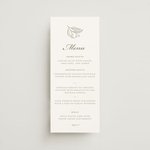This is a basil menu cards with standard by Katie Stack called elegant olive menu printing on signature in 4x9
