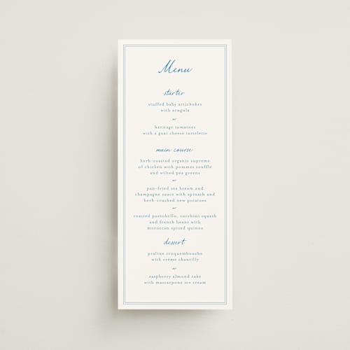This is a sky menu cards with standard by Pippa Shaw called hortense printing on signature in 4x9