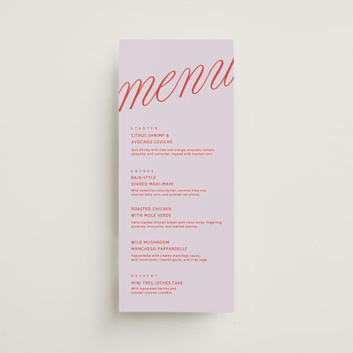 This is a raspberry menu cards with standard by Inkblot Design called in the air printing on signature in 4x9