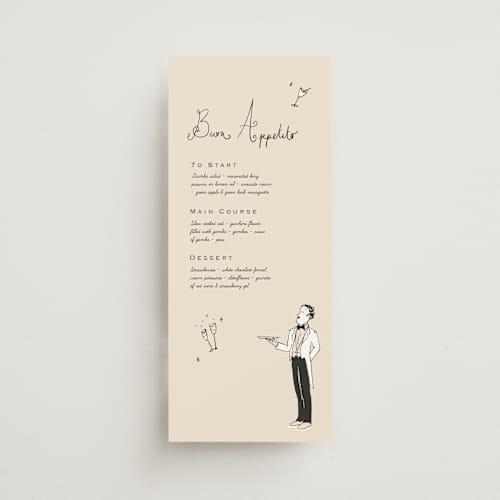 This is a cream menu cards with standard by Draft and Wed called buon appetito printing on signature in 4x9