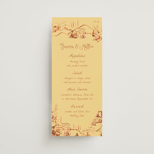 This is a butter menu cards with standard by Becky Nimoy called italian summer printing on signature in 4x9