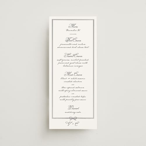 This is a navy menu cards with standard by letterfix called bow charm printing on signature in 4x9